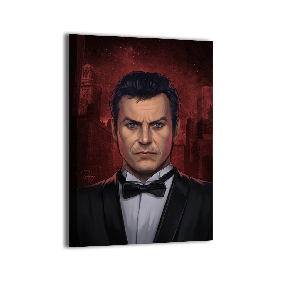 Bruce Wayne close-up portrait by Sam Dela Torre; gallery-wrapped.