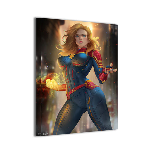 Captain Marvel by Nopeys; radiant blue and gold tones, ready to hang.