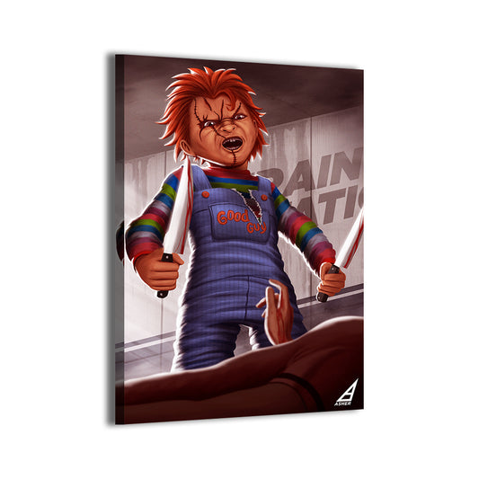 Chucky-style killer doll in toy-store hallway by Ben Asher; gallery-wrapped, ready to hang.