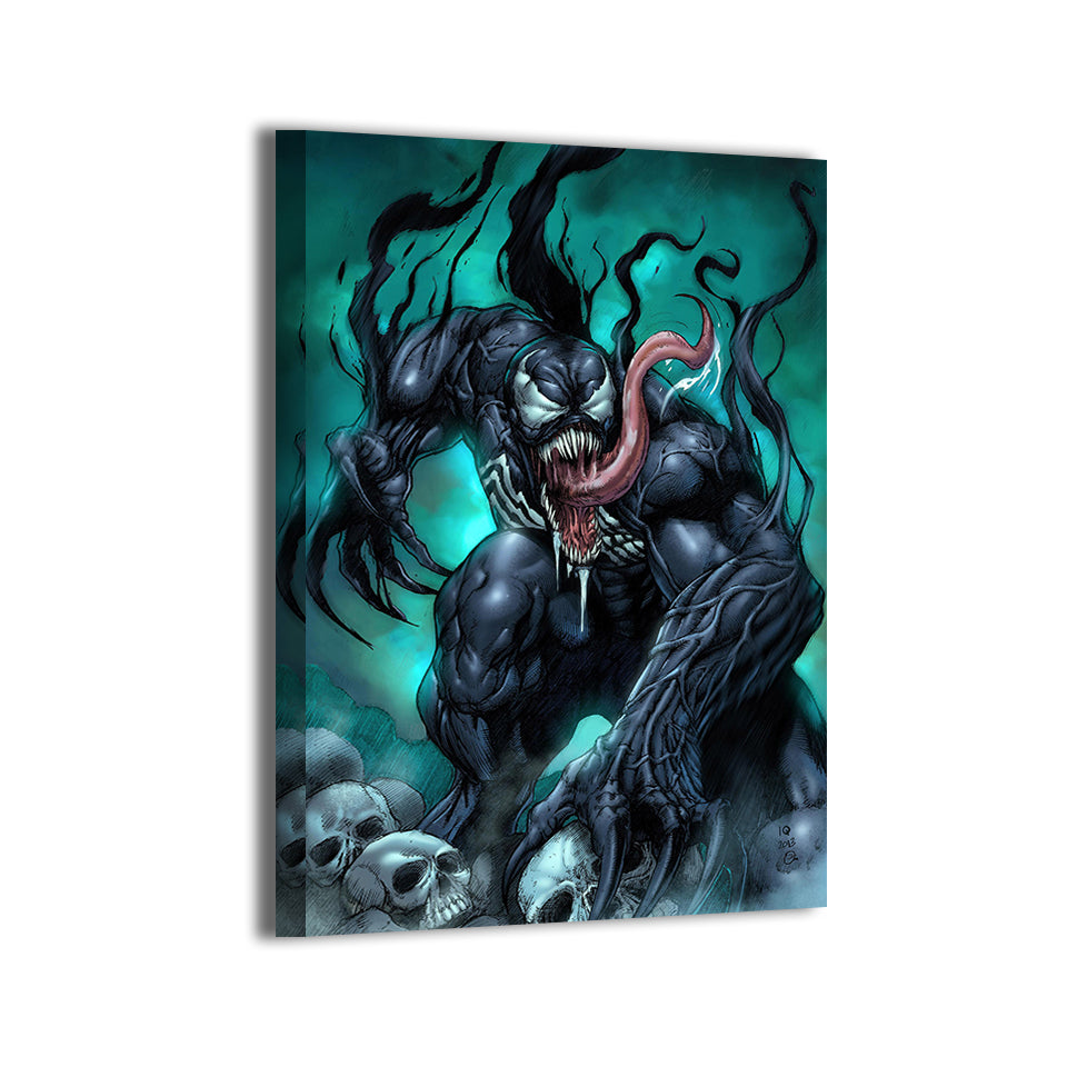Gallery-wrapped Venom artwork on canvas; tendrils and glowing teal background, art by Ian Quirante (IQ).