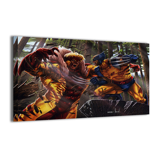 Primal Rivalry Canvas — Wolverine vs Sabretooth by Ryan Pasibe; gallery-wrapped, ready to hang.