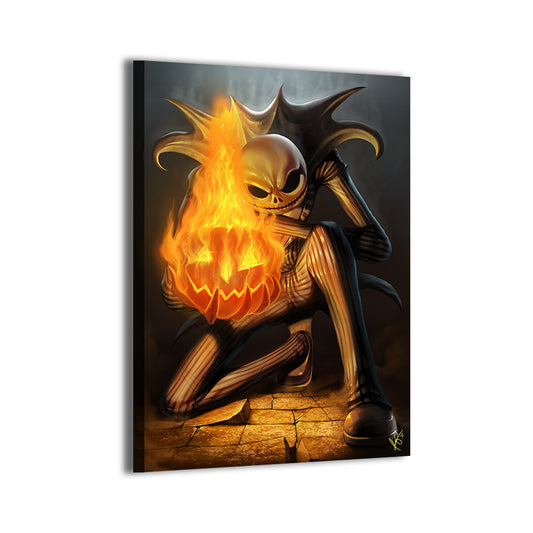 Nightmare Before Christmas–inspired skeleton with fiery pumpkin by Ceasar; gallery-wrapped, ready to hang.