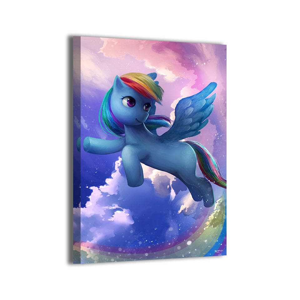 Radiant Sky Dash Canvas Print — Rainbow Dash mid-flight with color-washed clouds and star accents; artwork by Nopeys; gallery-wrapped, ready to hang.