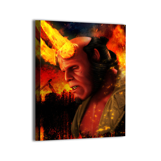 Hellboy profile in front of fiery skyline; Richard Williams artwork on gallery-wrapped canvas.