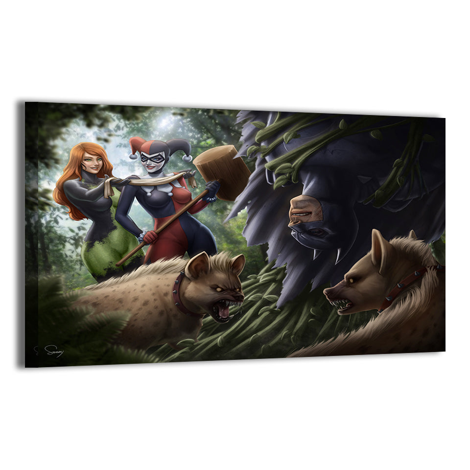 Harley & Ivy forest ambush scene with Batman by Sam Dela Torre; gallery-wrapped, ready to hang.