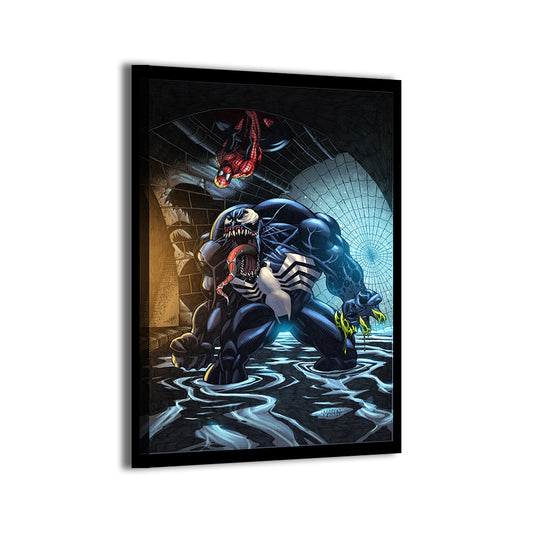 Gallery-wrapped canvas of Spider-Man vs Venom in the sewers; ready to hang; art by Thomas Mason, colors by Nestor Redulla Jr.