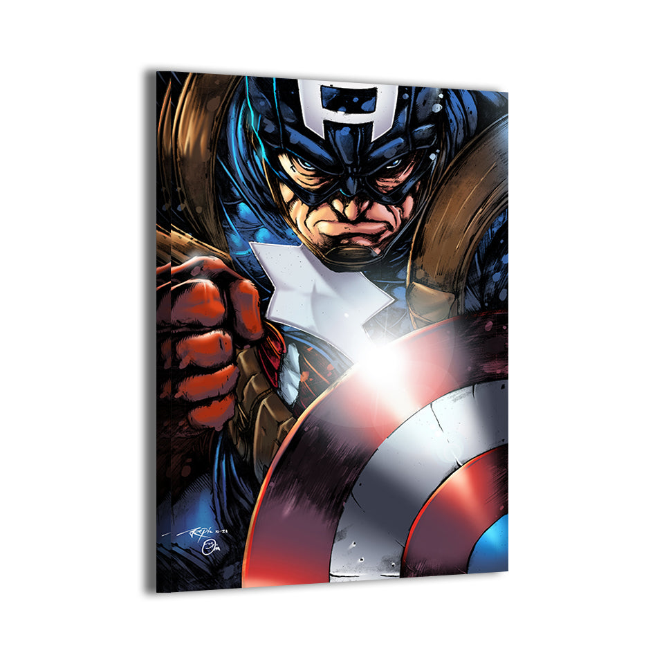 Intense Captain America portrait with shield; gallery-wrapped canvas by Balando and Omi.