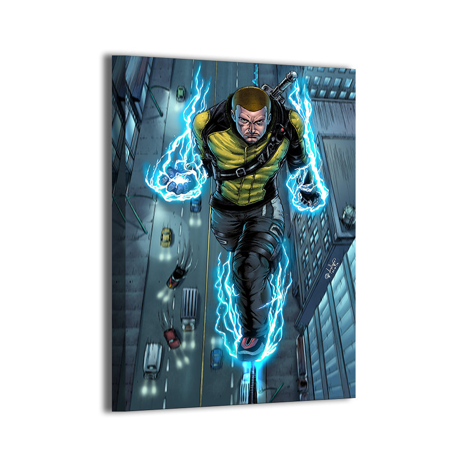 Dynamic rooftop view of Cole MacGrath wreathed in electricity over traffic; Michael Magallanes artwork on gallery-wrapped canvas.