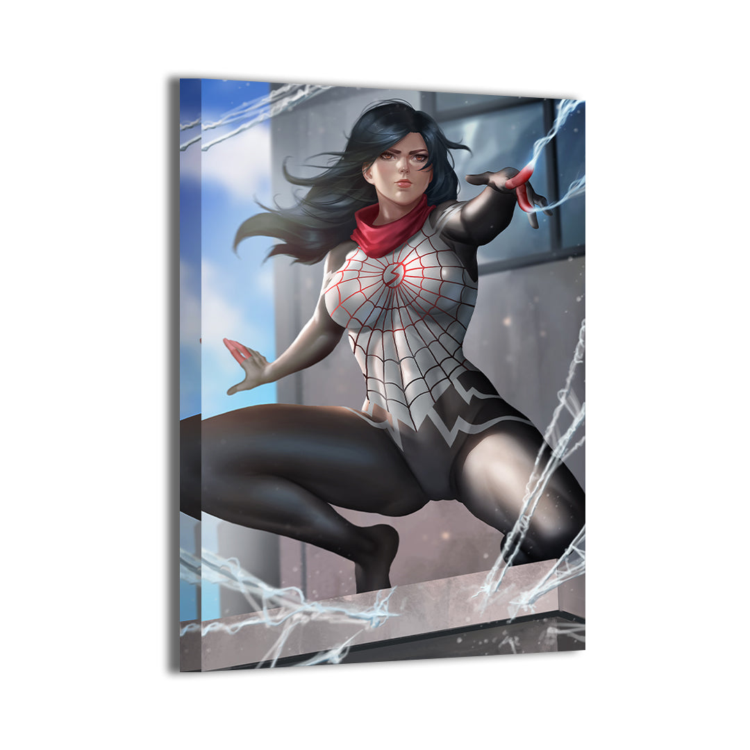 Silk launching from a city ledge with web lines; artwork by Nopeys; gallery-wrapped, ready to hang.