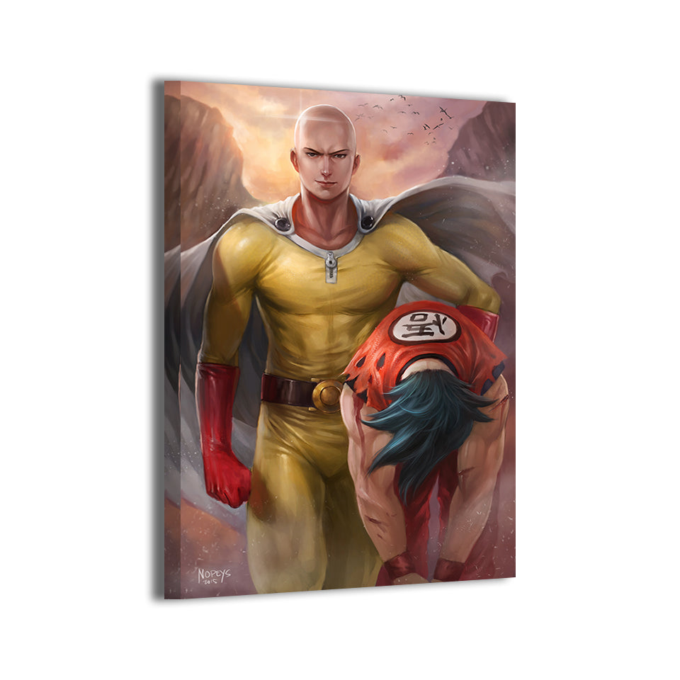 saitama vs goku by nopeys; gallery-wrapped canvas, ready to hang.