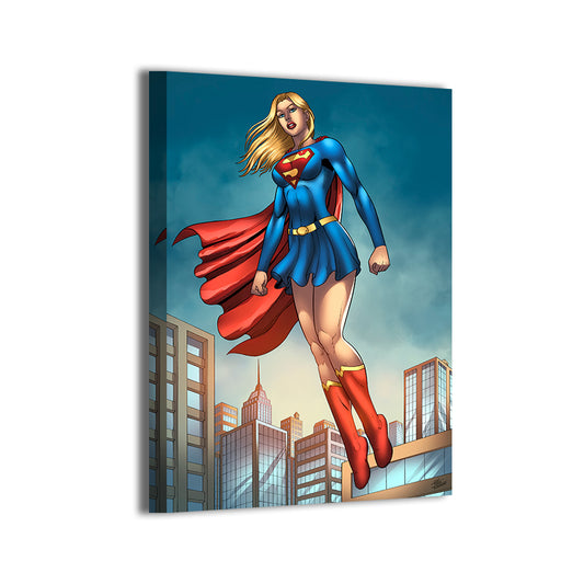 Gallery-wrapped canvas of Supergirl in flight over skyscrapers, ready to hang; art by Tiago Fernandes, colors by Nestor Redulla Jr.