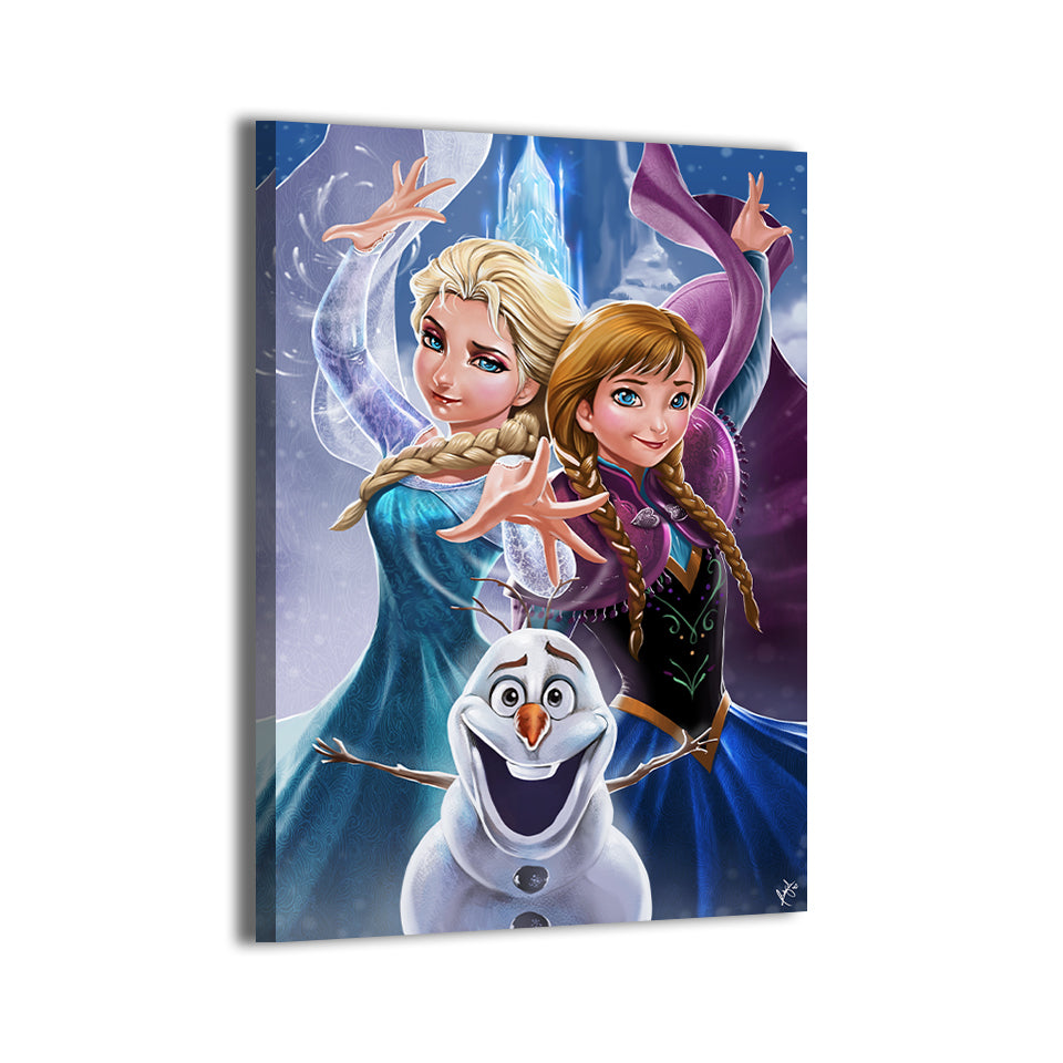 Frozen-inspired sisters and snowman artwork by Ceasar on gallery-wrapped canvas, ready to hang.