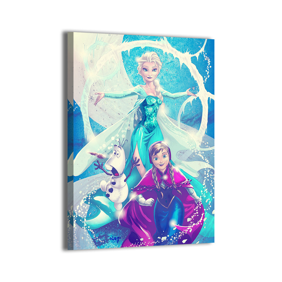 Elsa, Anna, and Olaf by Richard Bue with colors by Stephan Lemineur (NAHP); gallery-wrapped, ready to hang.