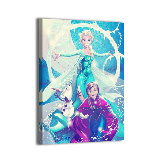 Elsa, Anna, and Olaf by Richard Bue with colors by Stephan Lemineur (NAHP); gallery-wrapped, ready to hang.