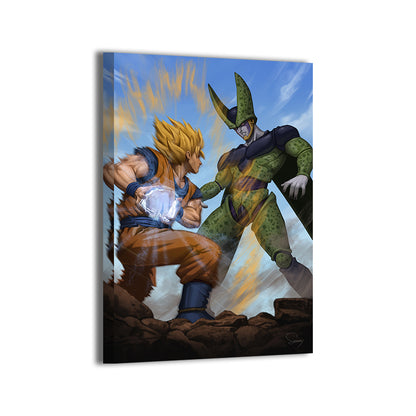 Super Saiyan Goku vs Cell DBZ battle scene by Sam Dela Torre; gallery-wrapped.
