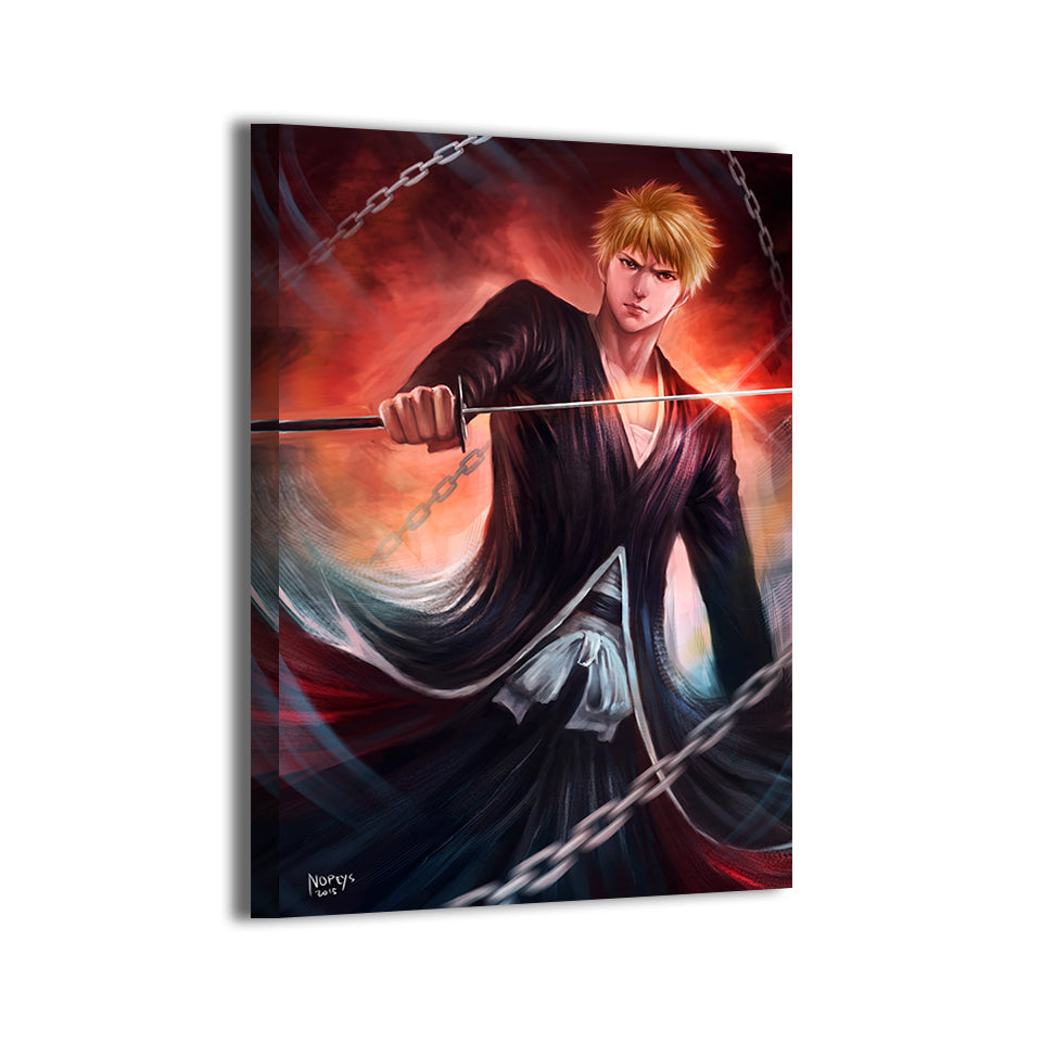 Dynamic portrait of Ichigo surrounded by spirit energy and motion effects; canvas wall art by Nopeys.