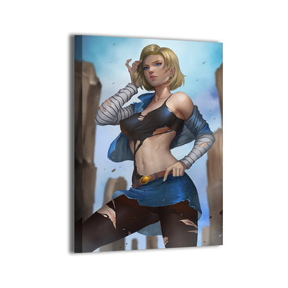 Steel Resolve Canvas — Android 18 in ruined canyon setting, Dragon Ball art by Nopeys; gallery-wrapped, ready to hang.