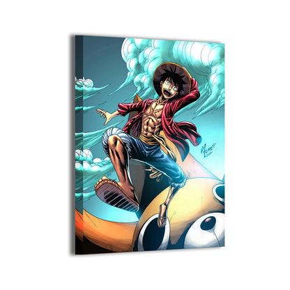 Straw Hat Leap Canvas — Luffy launching skyward with swirling clouds, One Piece art by Vhon Remot, colors by Nestor Redulla Jr.; gallery-wrapped, ready to hang.