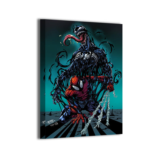 Gallery-wrapped canvas of Spider-Man overwhelmed by Venom’s tendrils; ready to hang; art by Emil Cabaltierra.
