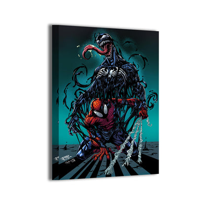 Gallery-wrapped canvas of Spider-Man overwhelmed by Venom’s tendrils; ready to hang; art by Emil Cabaltierra.