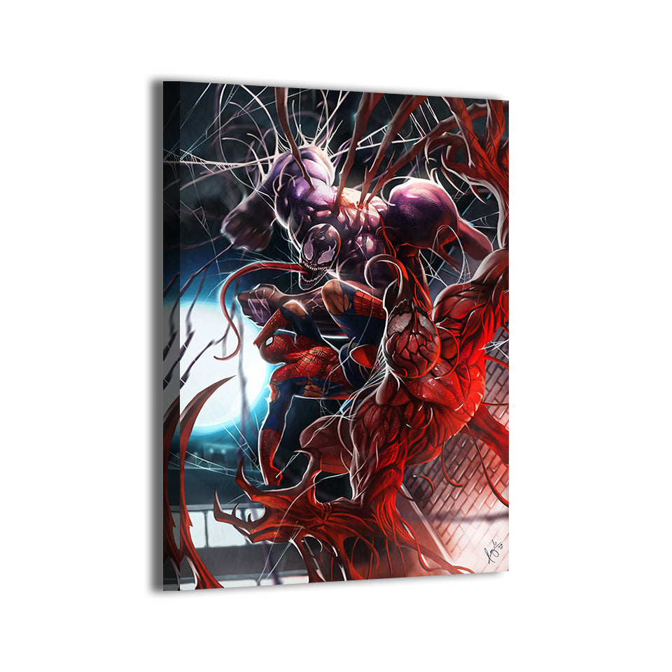 Spider-Man vs Venom and Carnage battle scene by Ceasar; gallery-wrapped.