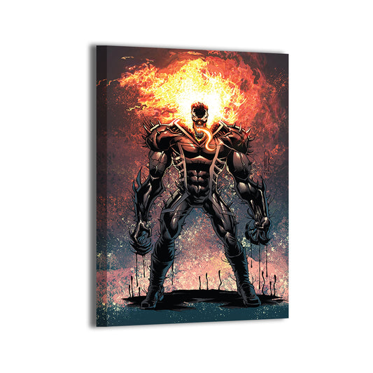 Symbiotic Vengeance Canvas Print — Ghost Rider with symbiote armor and hellfire, artwork by Jeff Benitez; gallery-wrapped, ready to hang.