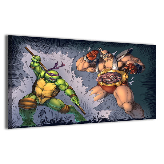 Techno Clash Canvas Print — Donatello swings bow staff at Krang (android), artwork by Emil Cabaltierra; gallery-wrapped, ready to hang.