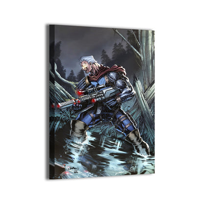 Cybernetic warrior Cable with futuristic weapon; gallery-wrapped canvas by Salgado and Totz.