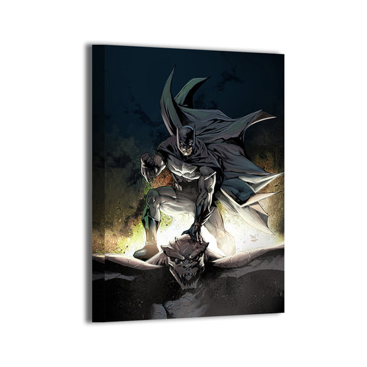 Gallery-wrapped canvas of a caped hero perched on a gargoyle, ready to hang; art by Don Mark Noceda, colors by Nestor Redulla Jr.