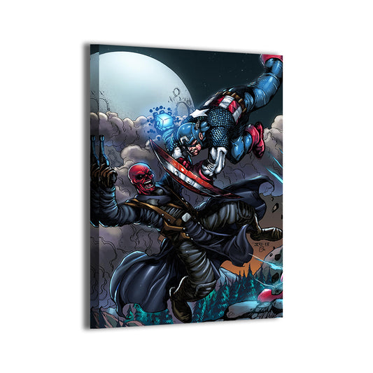 Captain America vs Red Skull clash; gallery-wrapped canvas by Balando and Omi.