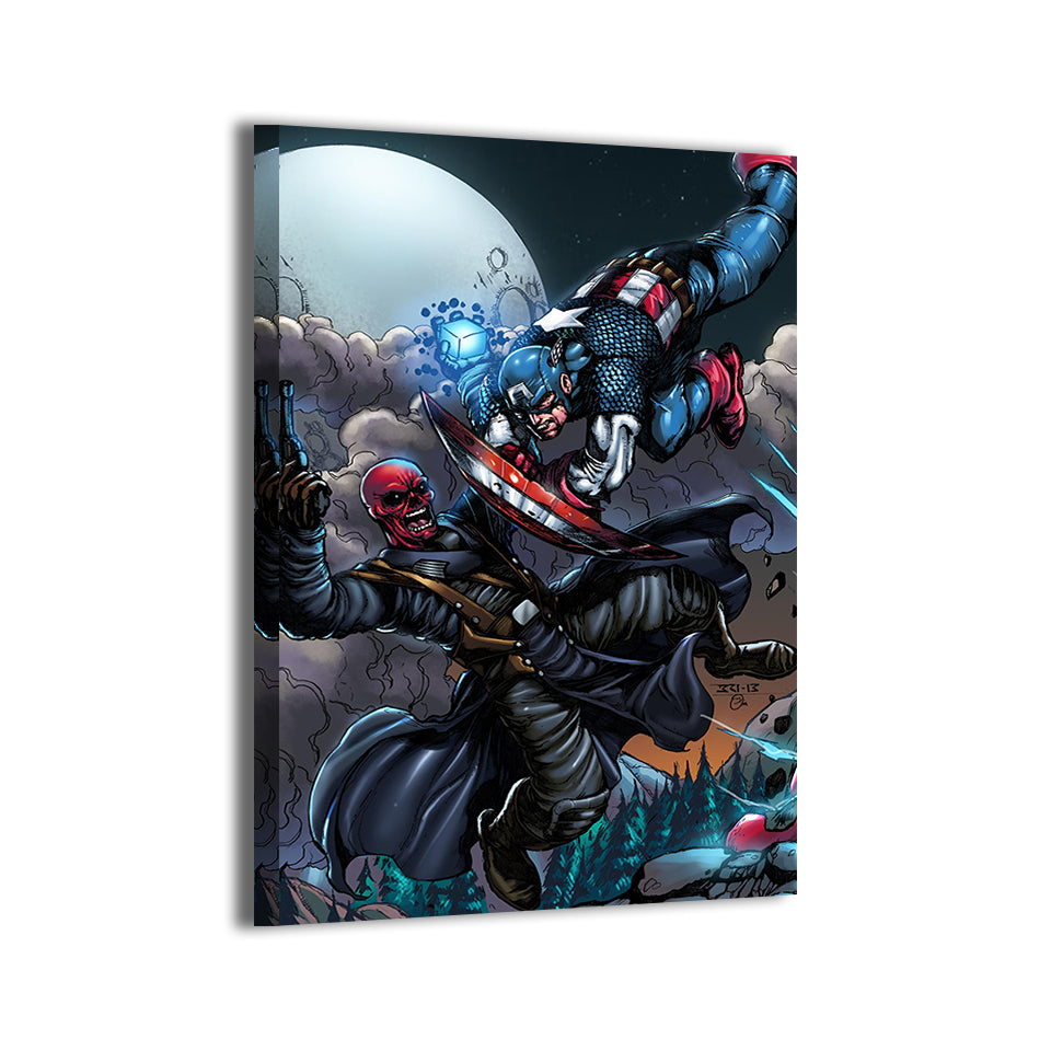 Captain America vs Red Skull clash; gallery-wrapped canvas by Balando and Omi.