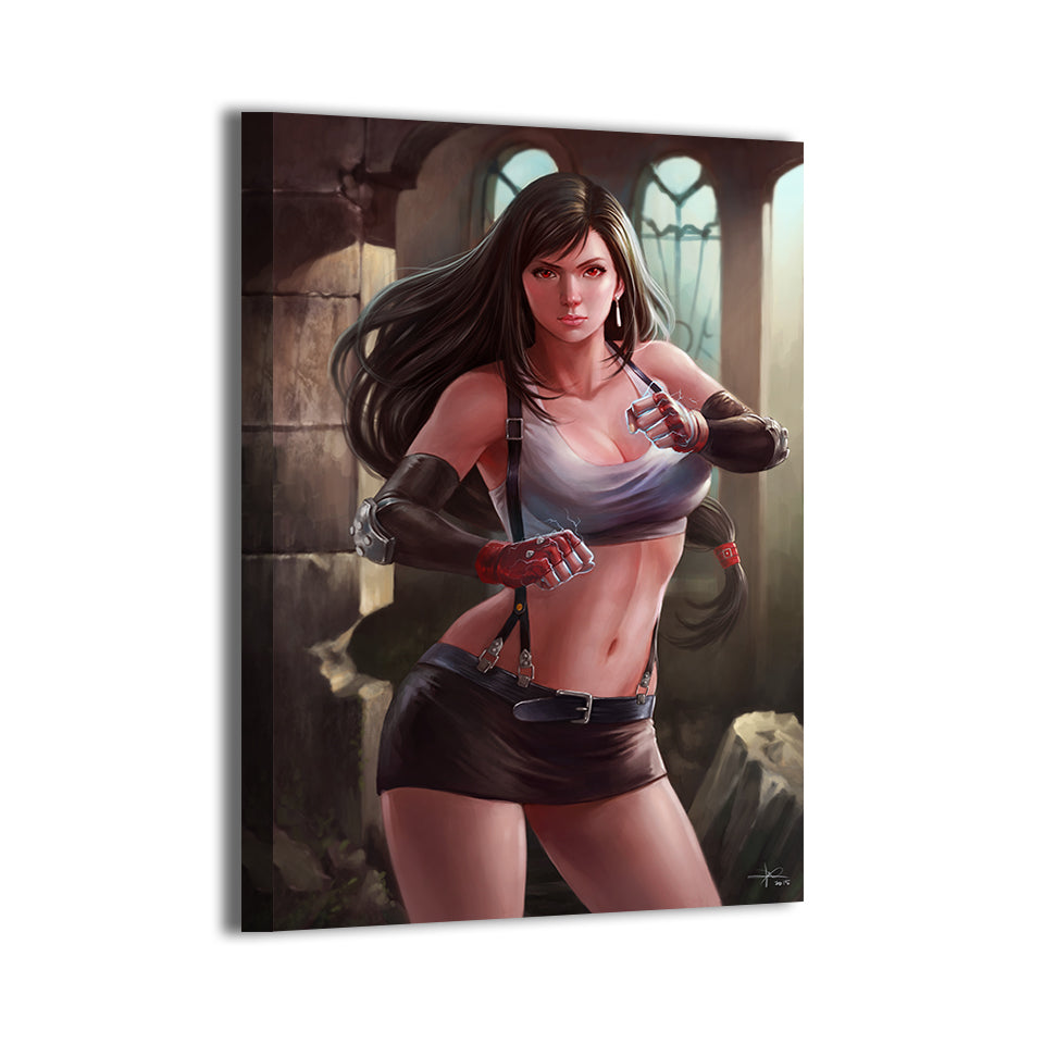 Tifa Lockhart with red gloves and brawler pose; artwork by Nopeys; gallery-wrapped, ready to hang.