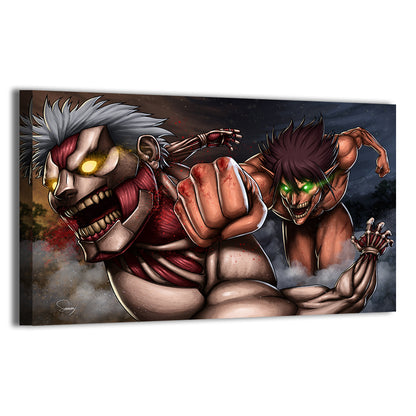 Attack Titan and Colossal Titan battle scene by Sam Dela Torre; gallery-wrapped, ready to hang.