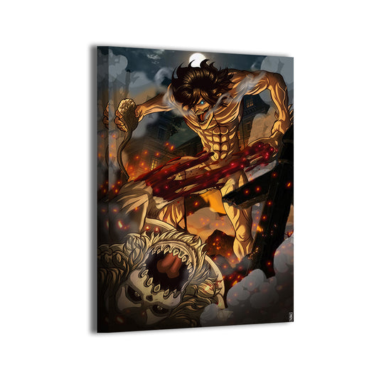 Gallery-wrapped canvas, ready to hang; Eren’s Attack Titan mid-rampage; art by Ray Dash.