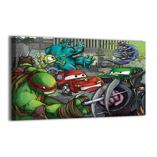 Raphael, Shredder, Cars characters, and Monsters Inc duo in action-packed scene by Brian Balando.