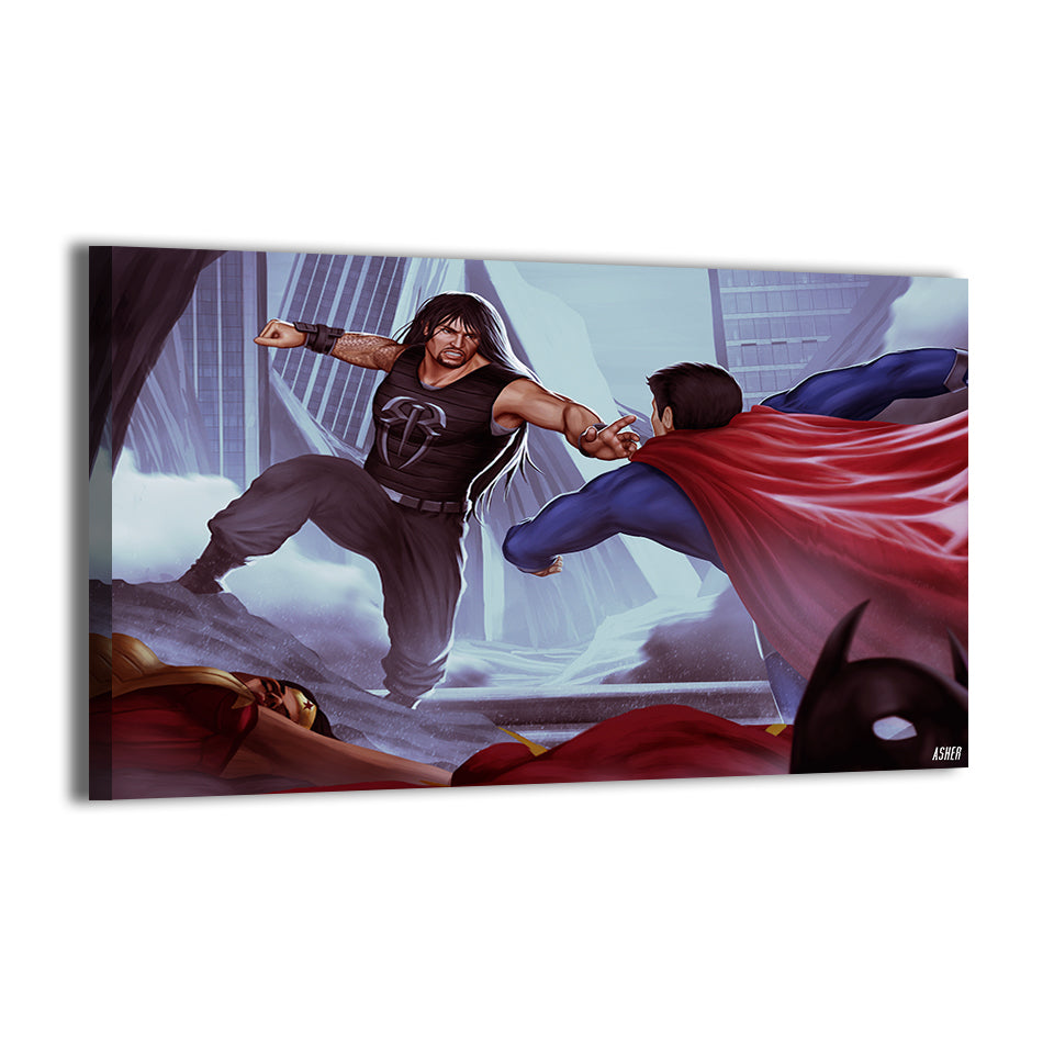 wwe tribal chief vs dc superhero in mid-strike by Ben Asher; gallery-wrapped canvas.