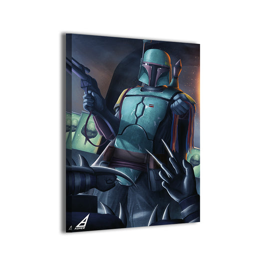 mandalorian armor vs shredder claws, bandana trophies by Ben Asher; gallery-wrapped.