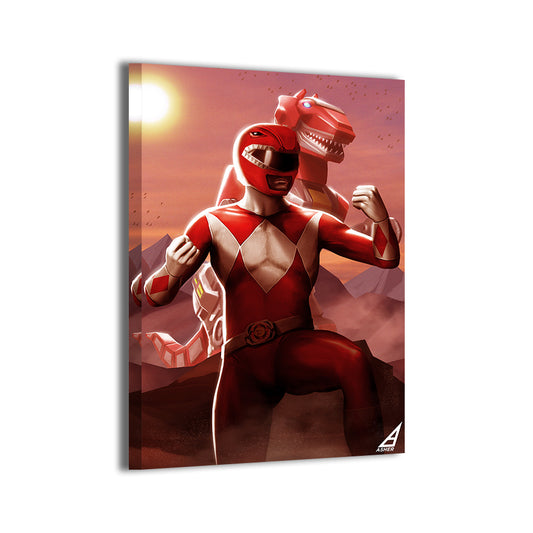 red ranger with tyrannosaurus dinozord by Ben Asher; gallery-wrapped, ready to hang.