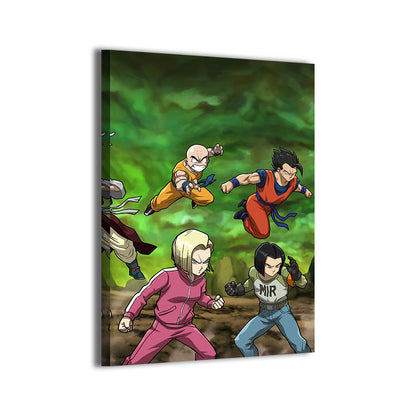 Dragon Ball Super group scene by Pasibe and Dela Torre; gallery-wrapped, ready to hang.