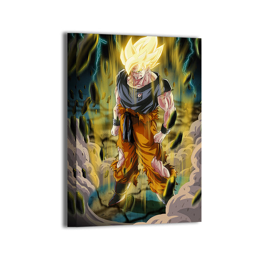Unyielding Ascension Canvas — Goku powering up with lightning and dust, Dragon Ball Z fan art by Ray Dash; gallery-wrapped, ready to hang.
