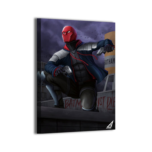 red hood bat-family antihero on rooftop by Ben Asher; gallery-wrapped, ready to hang.