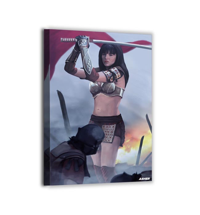 Canvas view—steel bracers, leather, and embers rendered with painterly detail; poised warrior before battle.