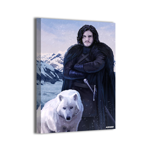 jon snow and white direwolf ghost against icy peaks by Ben Asher; gallery-wrapped.