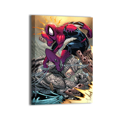 Web-Slam Showdown Canvas — Spider-Man vs Rhino, artwork by Keith Curtis, colors by Nestor Redulla Jr.; gallery-wrapped, ready to hang.