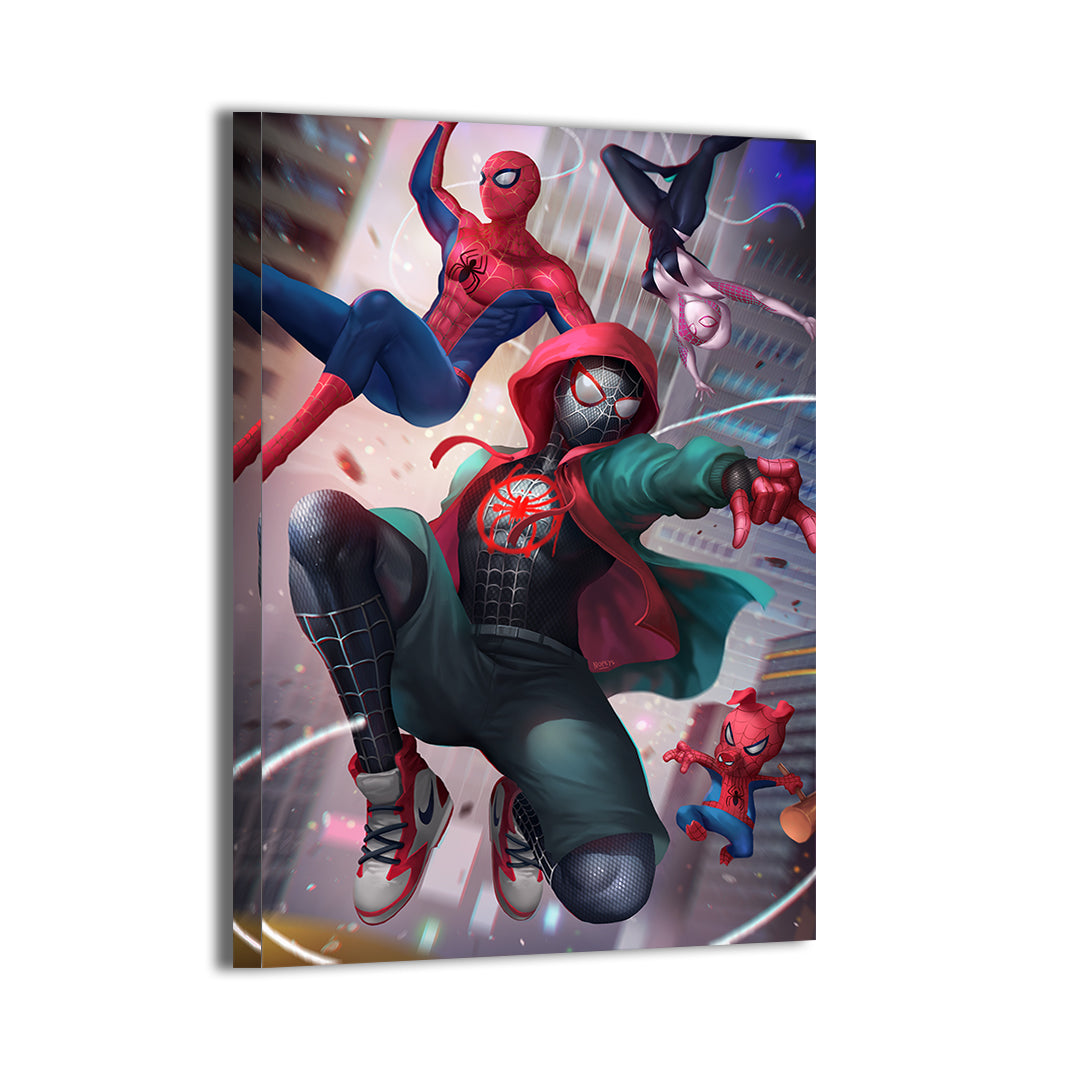 Web-Verse Alliance team swinging mid-air; art by Nopeys; gallery-wrapped canvas, ready to hang.