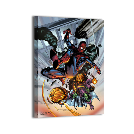 Gallery-wrapped canvas of Spider-Man vs Green Goblin aerial fight; art & colors by Ryan Pasibe, ready to hang.