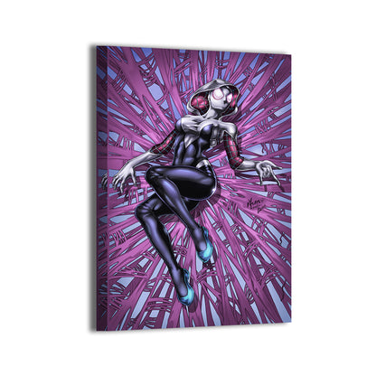 Gallery-wrapped canvas featuring Spider-Gwen mid-leap over a vivid purple web; ready to hang; art by Vhon Remot, colors by Martin Mariano Hernandez Tena.