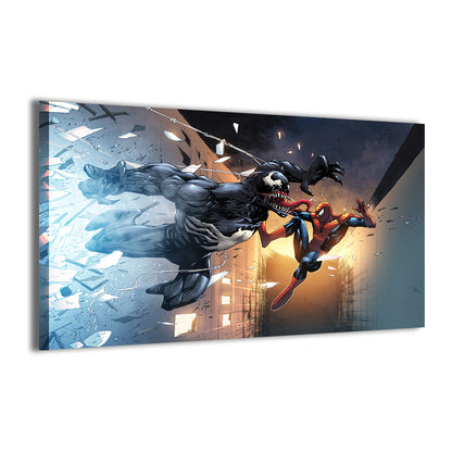 Web of Shadows Canvas Print — Spider-Man and Venom crash through glass, artwork by Don Mark Noceda with Nestor Redulla Jr.; gallery-wrapped, ready to hang.