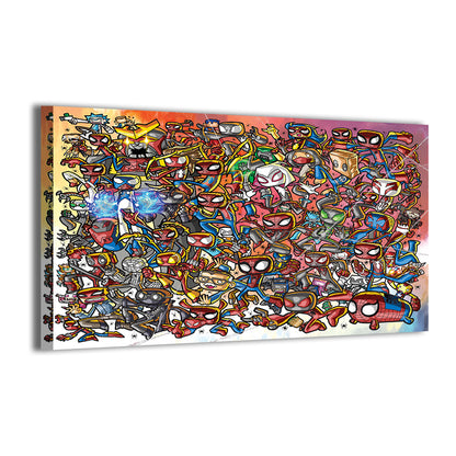 Web of the Spider-Verse Canvas Print — dynamic Spider-Verse lineup with hidden cameos, artwork by Jeff Benitez; gallery-wrapped, ready to hang.