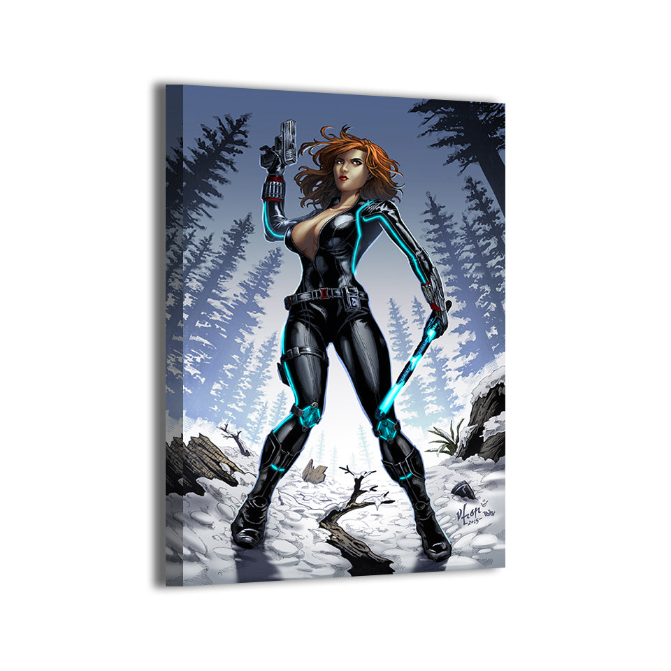 marvel spy natasha romanoff in tactical suit with neon lines